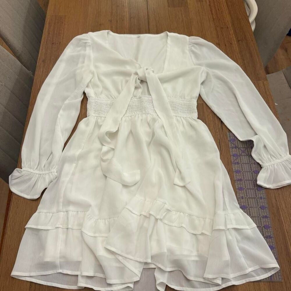 Womens Medium White Tie Front Long Sleeve Smocked Waist Ruffle Mini Dress